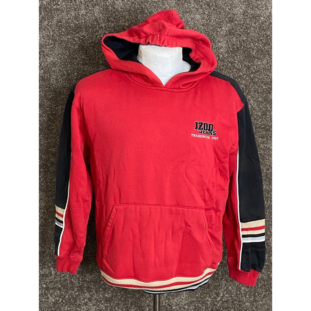 IZOD Jeans Kids Red Black Colorblock Hoodie Sweatshirt Large 14/16 Varsity Logo